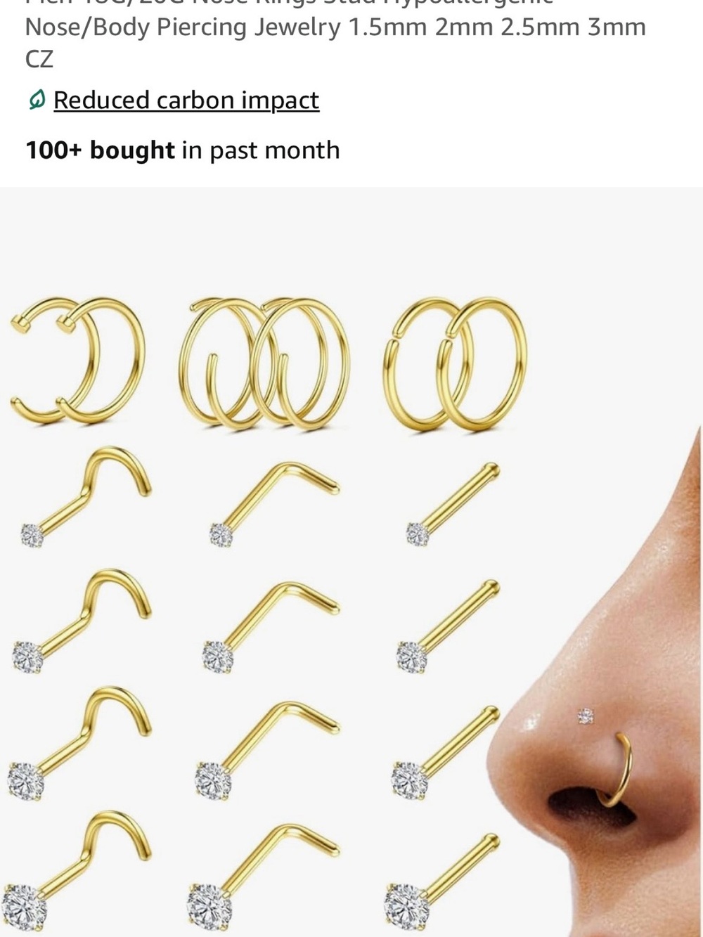 Gold Nose & Body Piercing Ring and Stud Set with Clear CZ Stones